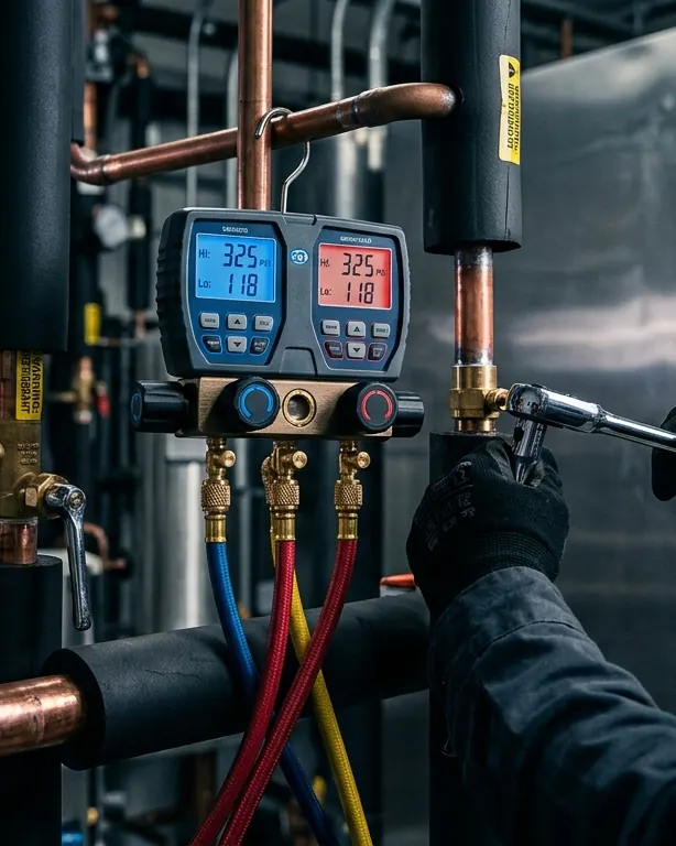 Técnico conectando manômetros de refrigeração à tubulação de cobre